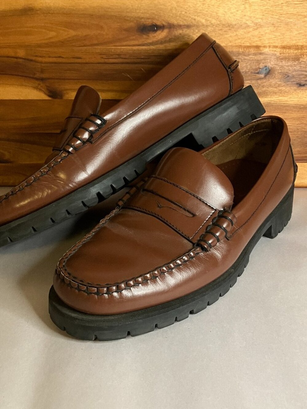 Sebago Dan Lug Penny Loafers Brown Leather Chunky Commando Shoes 9.5